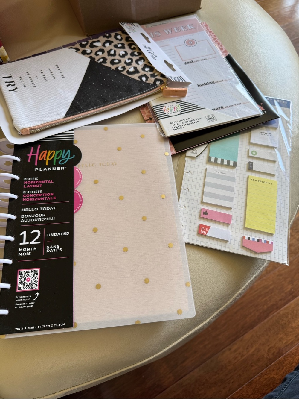 Happy Planner Cream Cover with Gold Dots and accessories